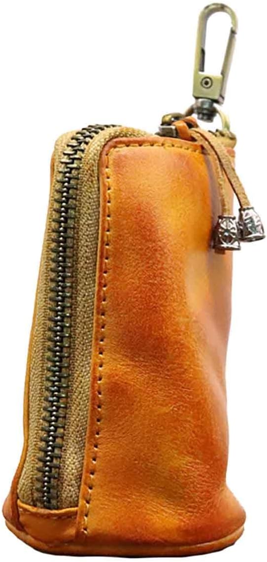 Medieval Mini Zipper Pouch, Genuine Leather Keychain Coin Purse with Easy Clip Swivel Clasps Coin Organizer Car Key Holder Wallet Card Bag Leather Pouch for Men Women (Yellow)